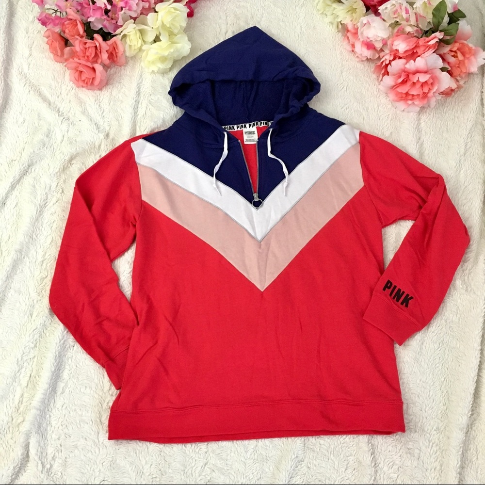 PINK Quarter Zip Chevron Front Hoodie with Pockets